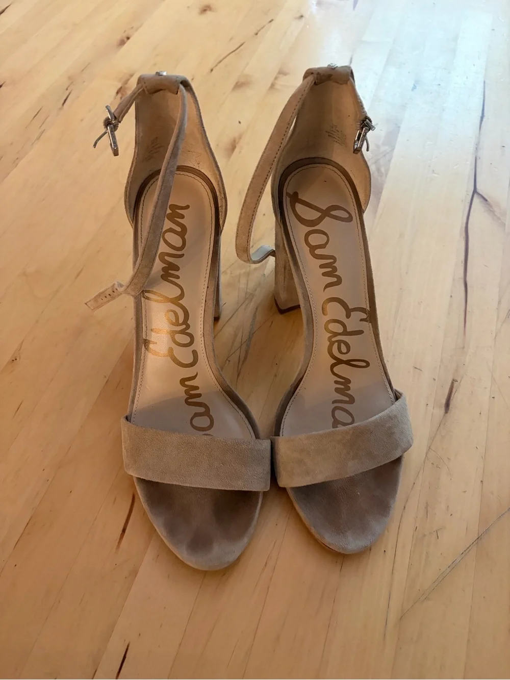 Sam Edelman Suede Ankle-Strap Block Heel in Taupe